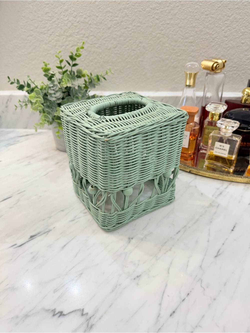 Vintage 1970s Mint Wicker Tissue Box Cover – Boho Handwoven